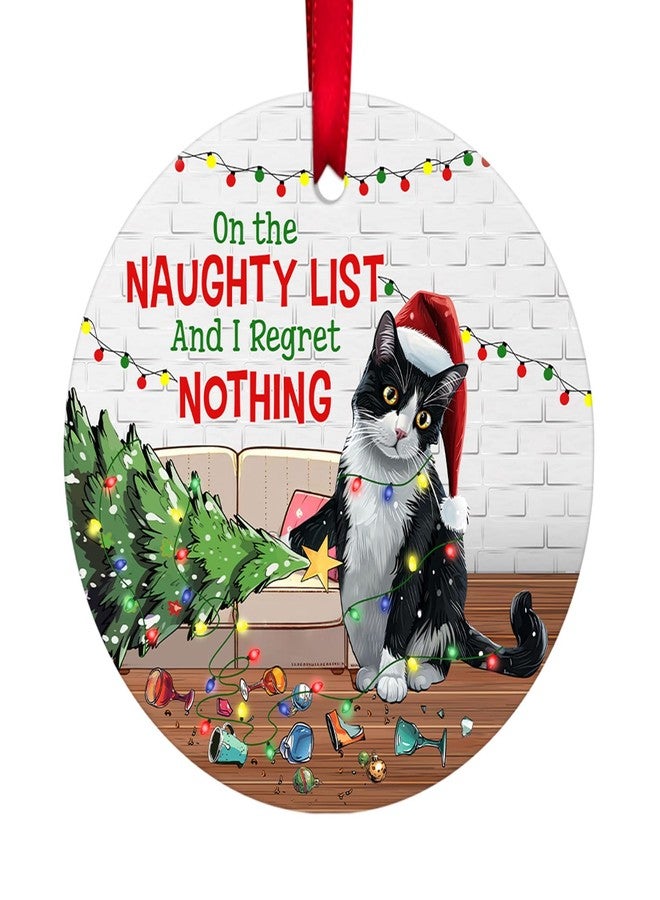 34HD Tuxedo Cat Naughty List Ceramic Ornament 2025 - Funny Hanging Xmas Tree Decoration for Cat Lovers Holiday Home Decor Gift - Image 1